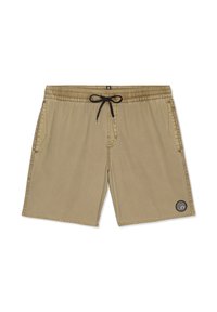 Bañador corto beige de hombre con cintura elástica, cordón negro, bolsillos laterales y parche redondo con logo negro en la pierna izquierda.