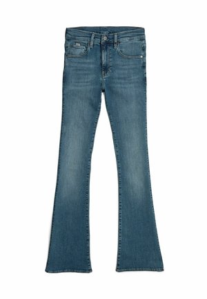 Jeans a zampa d'elefante in denim blu sbiadito con vita media, design tradizionale a cinque tasche e sottili dettagli di sbiadimento sul davanti e sul retro.