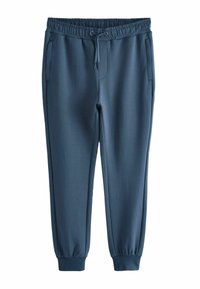 Joggingbroek van katoenmix in donkerblauw met een elastische tailleband, trekkoord, zijzakken en taps toelopende boorden bij de enkels.
