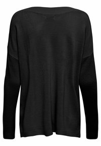 Czarny sweter z długim rękawem o luźnym kroju, z szerokim wycięciem i subtelnie prążkowaną fakturą na mankietach i dolnym obszyciu.