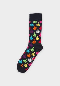 Navy sock with a variety of colorful thumbs-up icons in red, yellow, pink, green, and blue. Composed of soft fabric, featuring a ribbed cuff.