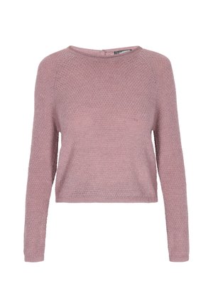 Růžový zkrácený svetr s dlouhými rukávy, texturovaným pleteným designem a kulatým výstřihem. Žádné viditelné kovové prvky nebo vzory. Měkký materiál.