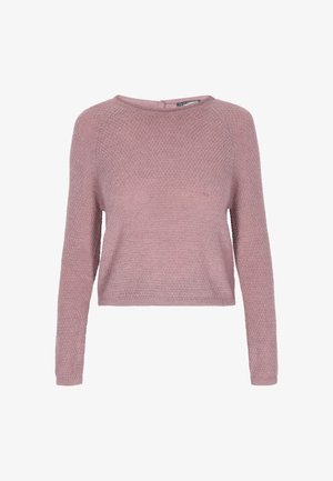 Růžový zkrácený svetr s dlouhými rukávy, texturovaným pleteným designem a kulatým výstřihem. Žádné viditelné kovové prvky nebo vzory. Měkký materiál.