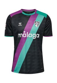 Sort fodboldtrøje med lilla og teal diagonale striber. Har rund hals, grafisk logo og hvid tekst "málaga" over brystet.