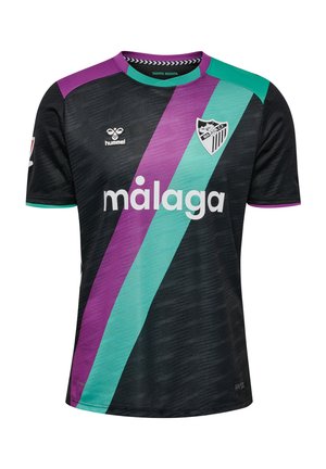 Maillot de football noir avec des rayures diagonales violettes et turquoise. Il présente un col rond, un logo graphique et le texte blanc "málaga" sur le devant.