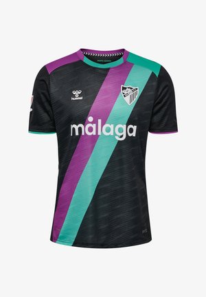 Sort fodboldtrøje med lilla og teal diagonale striber. Har rund hals, grafisk logo og hvid tekst "málaga" over brystet.