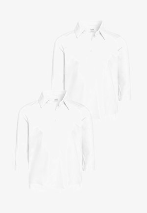 Două cămăși albe cu mânecă lungă și guler, având plăci cu nasturi și o textură de bumbac fin. Potrivite pentru uz casual sau purtare la școală.