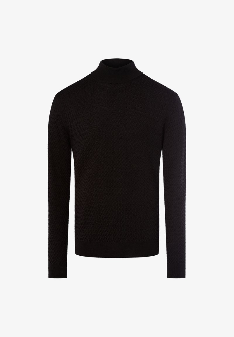 Schwarzer strukturierter Strickpullover mit Rollkragen, langen Ärmeln sowie gerippten Bündchen und Saum, auf einem schlichten weißen Hintergrund präsentiert.