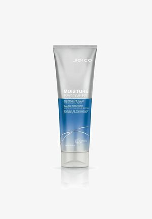 Joico Moisture Recovery Treatment Balm i en squeeze tube, sølv og blå gradient, 250 mL. Har en klar flip-låg og en glat tekstur.