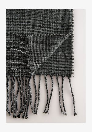 Grauer und schwarzer Karoschal mit weicher Textur und fransigen Rändern. Das Material wirkt gewebt und bietet ein leichtes, warmes Design.