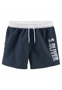 Tums navy zili peldkostīmi, kas izgatavoti no viegla materiāla. Iespējas ietver elastīgu jostasvītu ar auklu un baltu logotipu uz sāna.