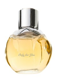 Heldere glazen parfumfles in de vorm van een appel, met een zilveren dop en gouden vloeistof erin. Het etiket vermeldt "Alleen voor jou" in elegante schrift.