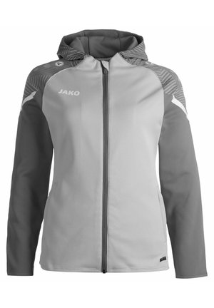 Giacca zip-up grigia chiara con cappuccio, dotata di maniche grigie scure, dettagli testurizzati sulle spalle e nome del marchio "JAKO" stampato sul petto.