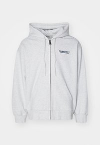 Gray zip-up hoodie made of soft cotton. Features a comfortable hood, drawstrings, and a small printed logo on the left chest area.