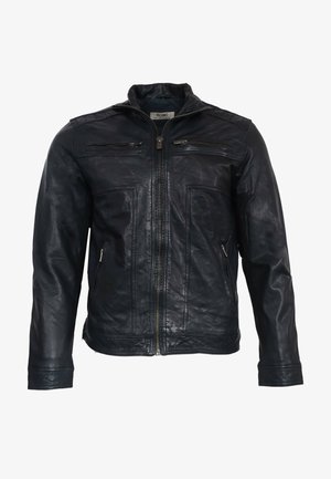 Zwarte leren jas met hoge kraag, rits aan de voorkant en vier zakken. Heeft schouderaccenten en een licht gestructureerde afwerking.