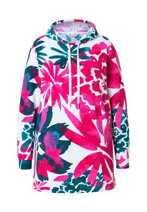 Sudadera con capucha que presenta un vibrante estampado floral en rosa, verde azulado y blanco. Está hecha de una tela suave, con un corte holgado y cordones ajustables.