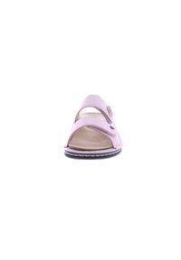 Pink sandal with two cross straps, circular metallic accent, textured upper, open toe, and black sole featuring white stitching.