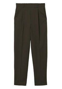 Donkere bruine broek met een hoge elastische tailleband, voorzien van twee voorzakken en een getailleerd, recht model. Glad weefsel.