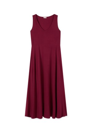 Vestido sin mangas burdeos con escote en V y falda fluida hasta los tobillos.