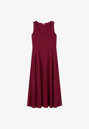 Ärmelloses burgunderfarbenes Kleid mit V-Ausschnitt und fließendem, knöchellangem Rock.