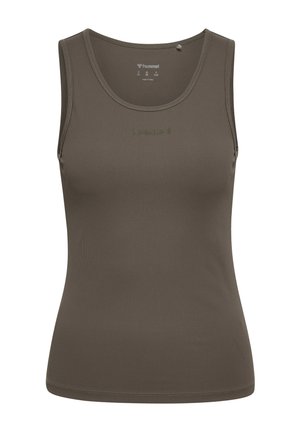 Ærmeløs ribstrikket olivengrøn tanktop med rund halsudskæring og diskret hummel-logo foran i midten.