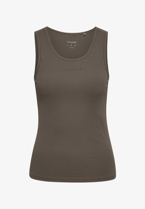 Ærmeløs ribstrikket olivengrøn tanktop med rund halsudskæring og diskret hummel-logo foran i midten.