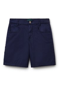 Pantalones cortos azul marino hechos de una suave tela de algodón, con cierre de botón, dos bolsillos delanteros y costuras reforzadas a lo largo de los bordes.