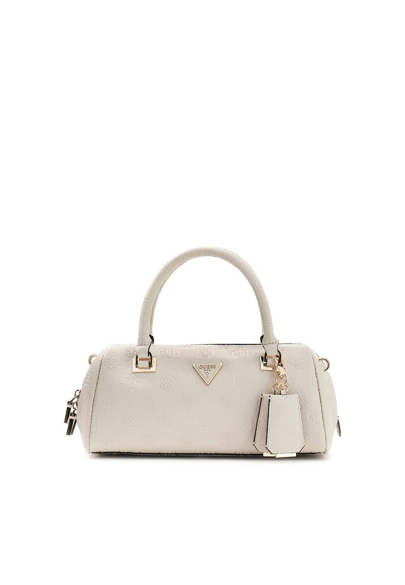 Borsa a mano grigio chiaro con pelle strutturata, ferrature dorate, manici corti e un ciondolo staccabile. Presenta un motivo con logo impresso su tutta la superficie.