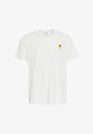 Valge puuvillane T-särk lühikeste varrukatega, mille vasakul rinnal on väike kollane sidrun ja roheline lehe tikand. Lihtne, klassikaline disain.