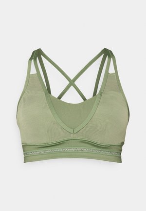 Olivgrüner BH mit tiefem V-Ausschnitt, Netzpaneelen und gekreuzten Trägern, ausgestattet mit einem strukturierten Bund mit dekorativen Akzenten.