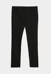 Pantaloni neri su misura con una texture liscia, gamba dritta, vita piatta e passanti per cintura. Nessun motivo visibile o dettagli metallici.