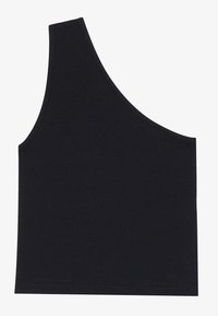 Asymmetrical black tank top, ribbed texture, sleeveless design, curved neckline, fitted silhouette, clean finish along the edges.