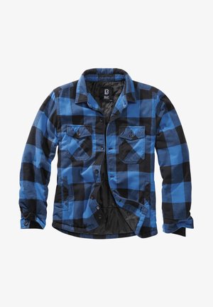 Flanellskjorte med blå og svart rutemønster, lange ermer, knappestenging og to brystlommer. Fôret innside.