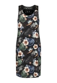 Blomstret kjole med sort baggrund. Har ærmeløs, rund halsudskæring og strukturerede skulderdetaljer. Overvejende grønne og pastelfarver.