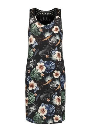 Blomstret kjole med sort baggrund. Har ærmeløs, rund halsudskæring og strukturerede skulderdetaljer. Overvejende grønne og pastelfarver.
