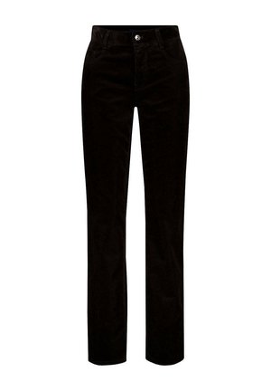 Schwarze Cordhose mit geradem Bein, vorderem Knopf- und Reißverschluss, Vordertaschen und Gürtelschlaufen.