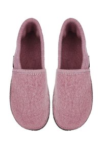 Pair of soft pink felt slip-on slippers with rounded toes and ribbed trim, viewed from above on a white background.