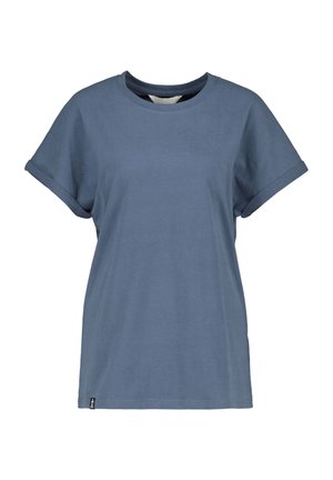 Blaues T-Shirt mit kurzen Ärmeln, umgeschlagenen Bündchen und Rundhalsausschnitt, aus weichem Stoff, präsentiert auf weißem Hintergrund.