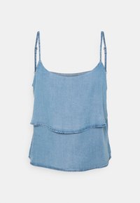 Haut en denim bleu clair avec des fines bretelles et un design superposé. Présente un col rond et un ourlet arrondi en bas.