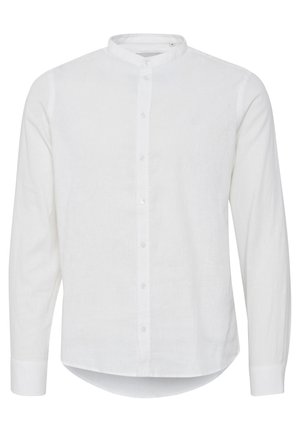 White long-sleeve shirt with a mandarin collar, button front, and a slightly curved hem. Made of lightweight linen fabric.