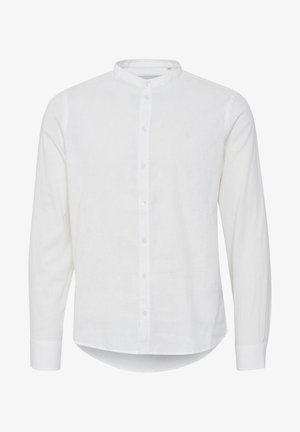 White long-sleeve shirt with a mandarin collar, button front, and a slightly curved hem. Made of lightweight linen fabric.