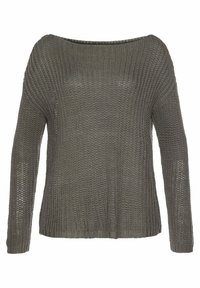 Strickpullover in Dunkelgrau, mit lockerer Passform, weitem Ausschnitt und langen Ärmeln. Texturiertes Muster mit offenem Gewebedetail.