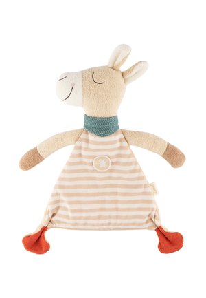 Giocattolo lama in peluche morbido con un corpo a strisce crema e beige, un collare turchese e piedi arancioni. Presenta un volto sorridente e orecchie erette.