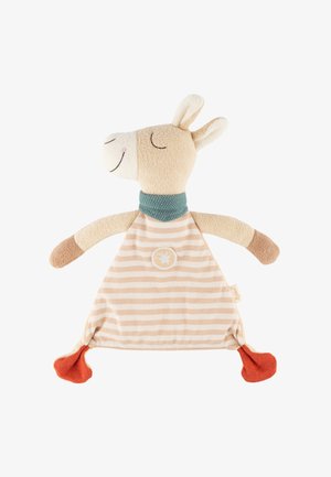 Soft plush llama toy with a cream and beige striped body, a teal collar, and orange feet. Features a smiling face and upright ears.