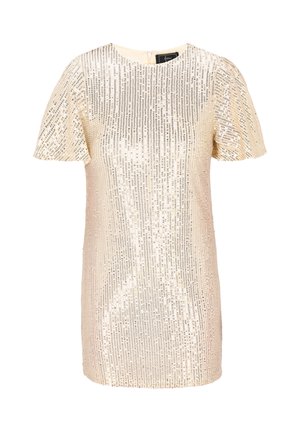 Kurzärmliges, goldfarbenes Paillettenkleid mit einem runden Ausschnitt, einer figurbetonten Silhouette und einem Reißverschluss auf der Rückseite. Glatte Textur mit vertikalen Paillettenmustern.