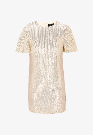 Kratke rokave, zlata obleka s sekvini, ki ima okroglo vratno izrez, prilegajoč silhueto in zadrgo na hrbtu. Gladka tekstura z vertikalnimi vzorci iz sekvin.