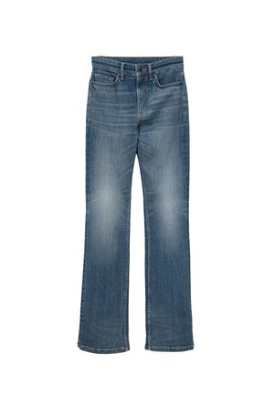 Siniset farkut suoralla lahkeella, joissa on hieno haalistuma, klassinen vyötärö ja normaali taskut edessä ja takana.