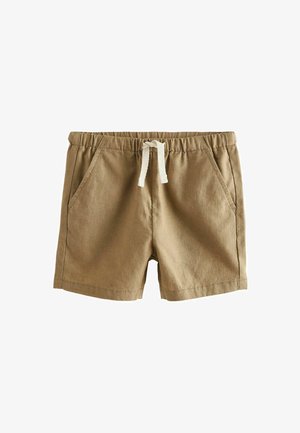 Pantaloni corti marroni realizzati in un tessuto testurizzato, con vita elastica e cordino, e due tasche laterali.