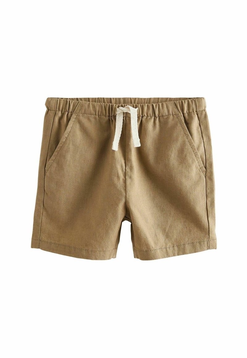 Brown shorts made of a textured fabric, featuring an elastic waistband with a drawstring and two side pockets.