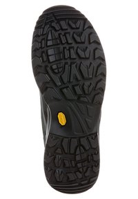Suola di stivale da escursionismo in gomma nera con battistrada profondo e multidirezionale e un logo Vibram giallo vicino al centro.